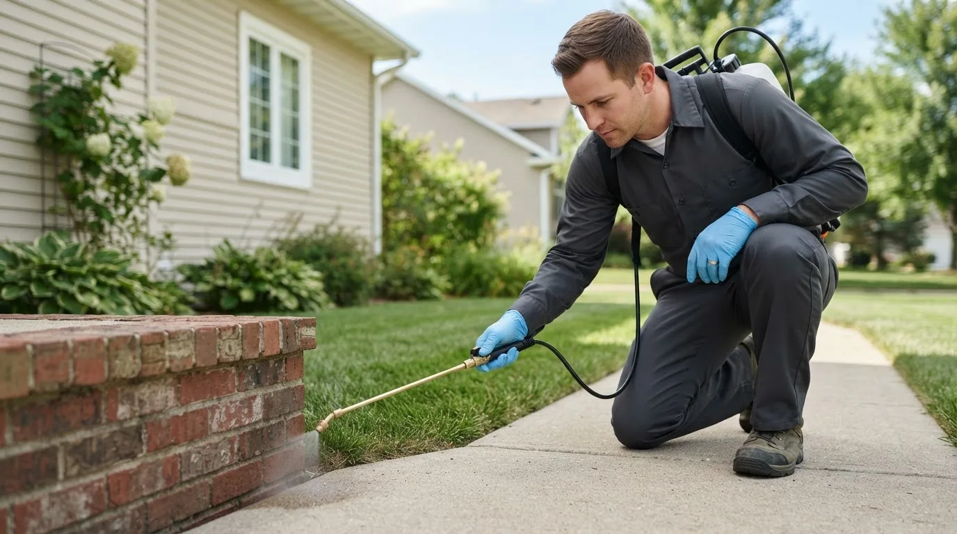Pest control technician treating a home near Salem, NH